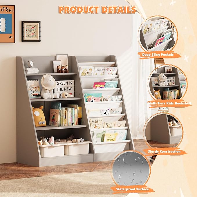 NACHES 4 Tier Kid Bookshelf Wooden 6 Sling Children Bookcase Toddler Montessori Bookcase Book Rack Display Toy Storage Organizer Book Display Shelf Stand Classroom Bedroom Nursery Playroom(Grey)