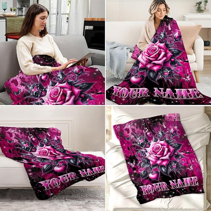 Custom Rose Floral Blanket Gifts - 40" x 50" Girls Gothic Theme Throw Blankets for Flower Lovers - Cozy Lightweight Throws for Sofa, Couch