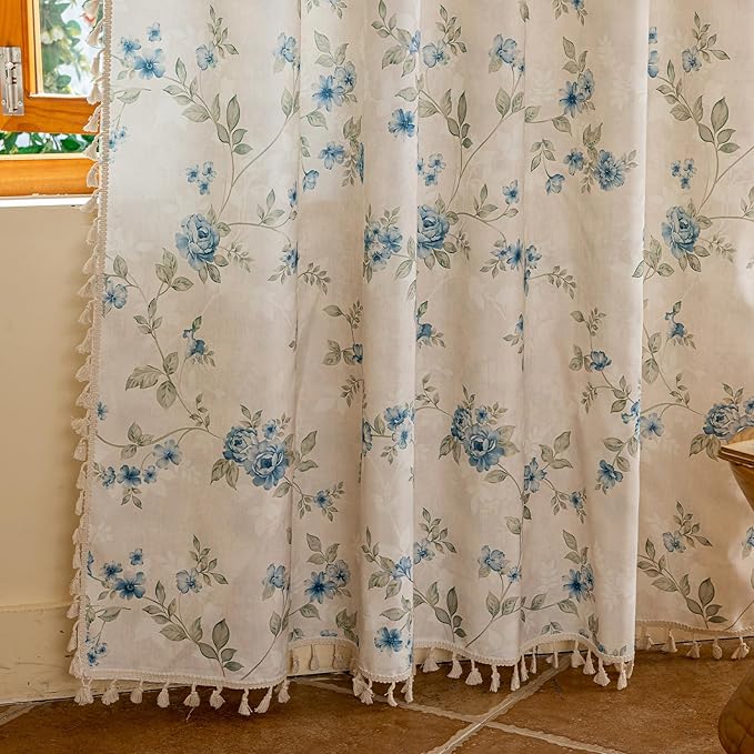 ENJOYBRIDAL Blue Floral Curtains 96 Inches Bedroom Cute Drapes Rod Pocket Boho Semi Sheer Long Window Curtain Panels Rustic Living Room Farmhouse 2 Panels Vintage Window Treatments