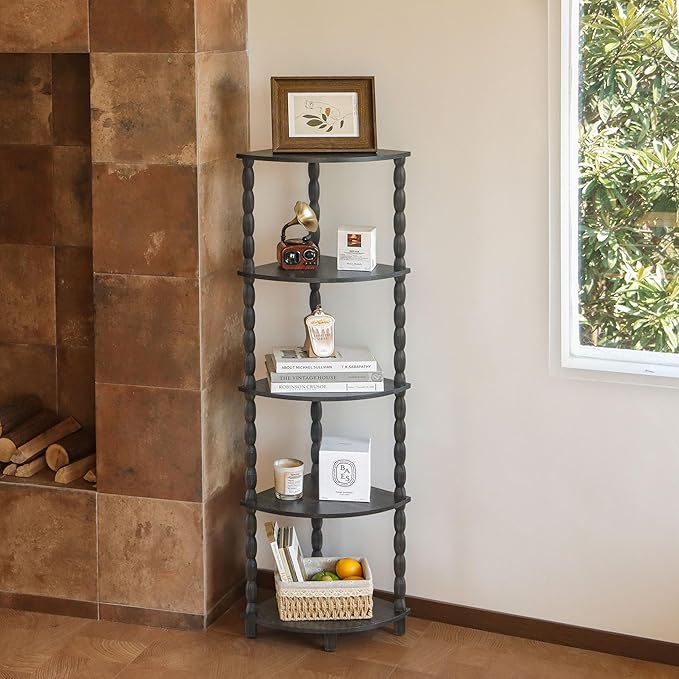 MaxSmeo Corner Shelf, 5-Tier Corner Bookshelf, Stylish Corner Storage Display Shelves for Bedroom, Bathroom, Kitchen, Living Room (Charcoal Gray)
