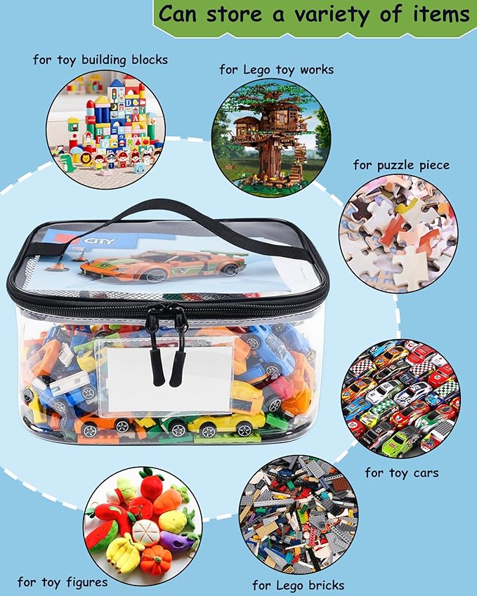 6 Pack Extra Large Clear Toy Storage Bags with Tag and Manual Pocket – Versatile Waterproof Organizer Bags for Lego Bricks, Board Games, Building Blocks, Puzzles, Dolls, Books (Mixed Sizes)