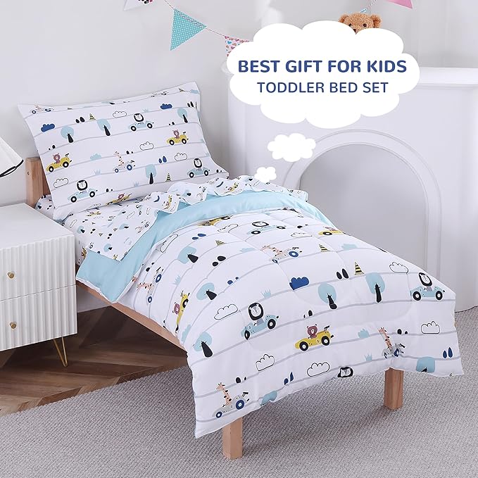 Viviland Animal Car Toddler Comforter Sets, Cute Boys Girls Toddler Bedding Set, Soft Microfiber White Toddler Bed Set