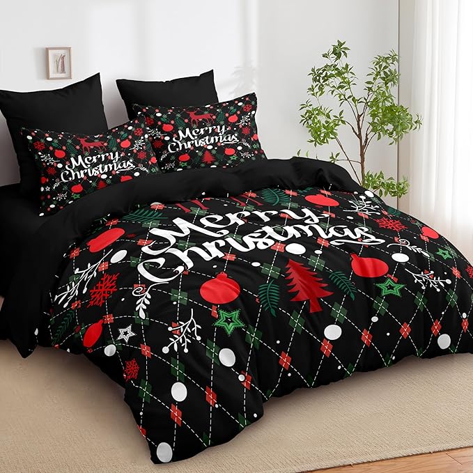 Christmas Duvet Cover Twin Size Black Christmas Tree Bedding Set 2 Pieces Kids Boys Girls Happy Holiday Xmas Comforter Cover with Zipper Closure and 1 Pillowcase (No Comforter)
