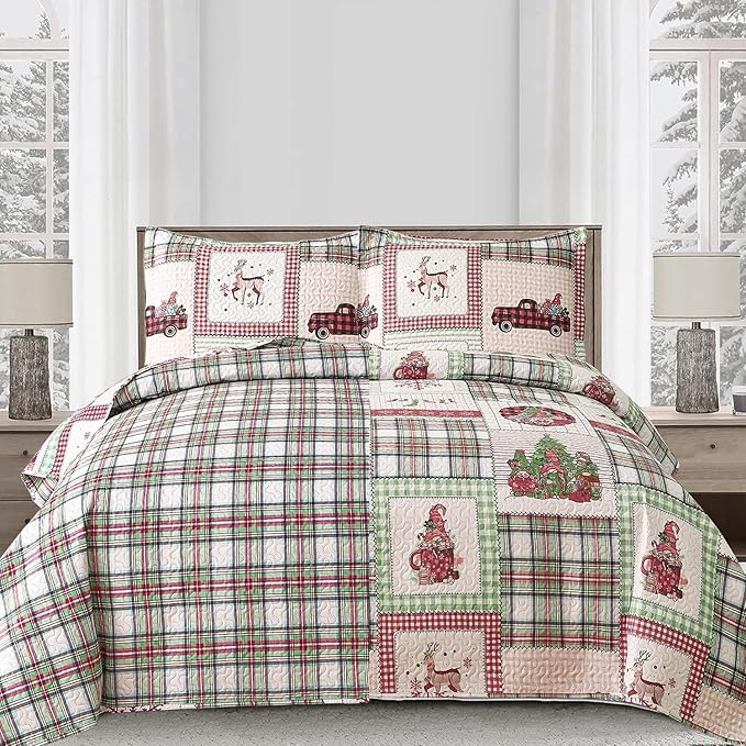 Christmas Bedding Set King Quilt Bedspread Coverlet,Plaid Patchwork Christmas Quilt Bedding Holiday Xmas Bedspread Lightweight Reversible Gnome Santa Claus Home Festival Decor