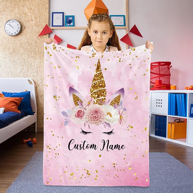 Personalized Horse Blanket with Name for Girl, Custom Name Blanket for Kids, Soft Flannel Pink Horse Toddler Blanket Customized Gift for Birthday Christmas Baby Shower Newborn Gift 60" X 80"