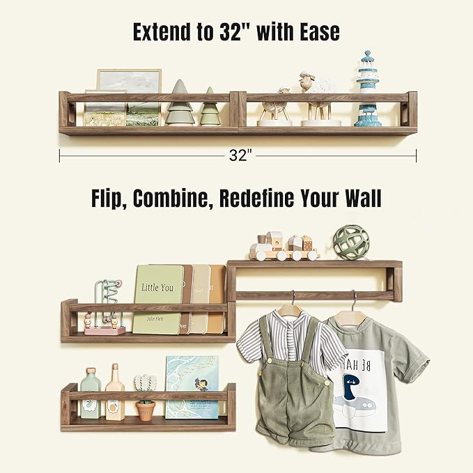 Sturdy Floating Shelves – Set of 3 Wall Bookshelves and Nursery Floating Shelves for Books, Toys, Kitchen, Bathroom, and Home Decor – Walnut Brown