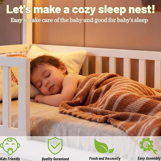 Twin Size House Bed for Kids, Low Profile Montessori Bed Twin with High Railings, Wood House Shape Montessori Beds with Light & Roof for Kids, White
