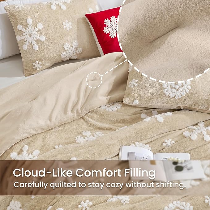 Amélie Home Christmas Comforter Set Queen, Beige Snowflake Comforter, Fluffy Fleece Comforter Set, Super Soft &Fluffy Plush Bedding Set for Winter, 3 Pieces, 1 Soft Comforter and 2 Pillow Shams