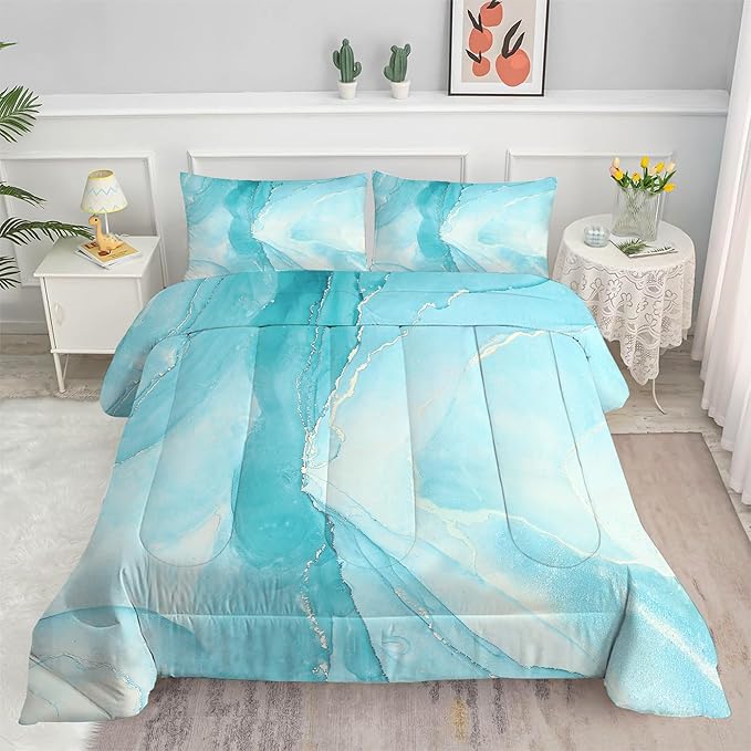 Blue Twin Comforter Set: Twin Size Light Blue Marble Bedding Sets for Teens Girls Kids Abstract Glitter Marbling Quilt Duvet Bed Set 1 Comforter & 1 Pillow Case
