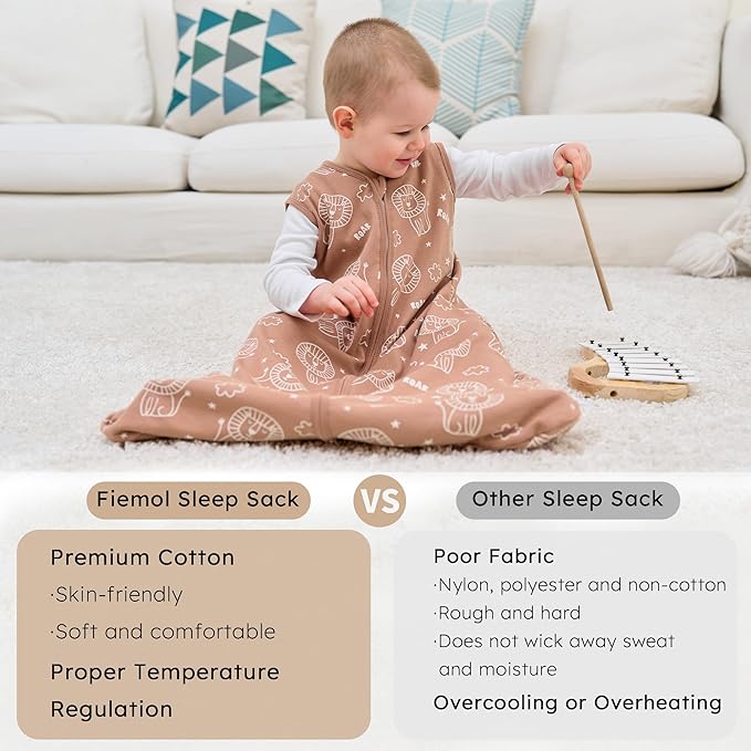 Baby Sleep Sack 6-12 months, 100% Cotton Sleeping Sack for Newborn and Infant, 3 Pack Baby Wearable Blanket, 0.5 Tog Lightweight Double Zipper Sleep Bag Medium Brown Green Lion