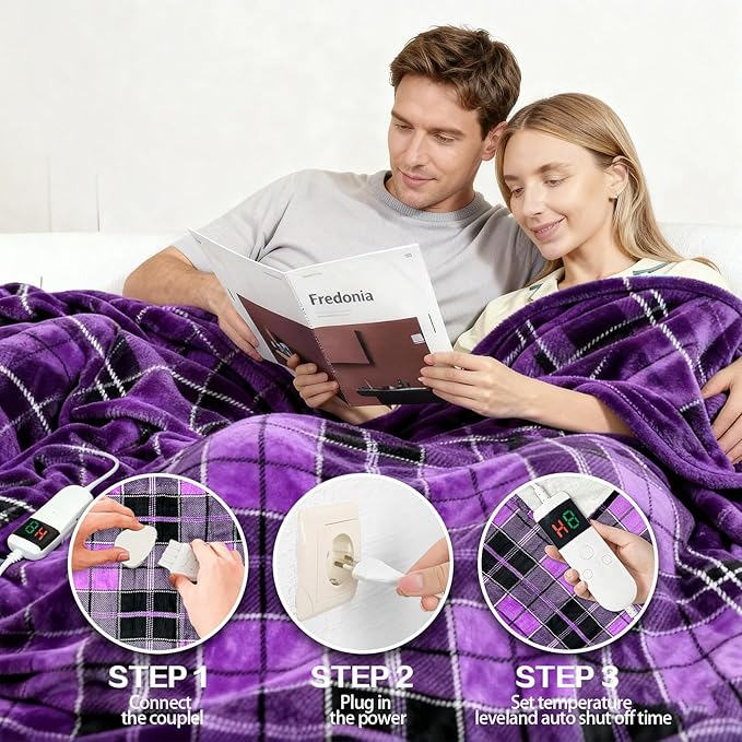 Electric Blanket Heated Throw, Soft Flannel 50"x60" Plaid Heating Blanket with 8 Hours Auto Off 10 Fast Heating Levels Machine Washable Sherpa Heated Blanket with Overheating Protection