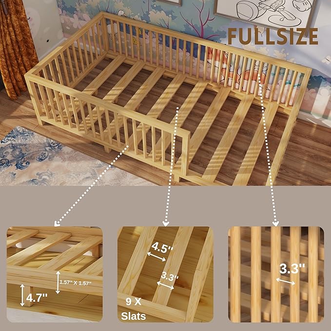 Montessori Floor Bed with Slats for Toddler 54.3'' x 75.2'' Full Size | Pine Wood Natural Solid Frame Bed | Sturdy Design Floor Bed Frame for Boy and Girls (Full, Height : 23.6 Inches)
