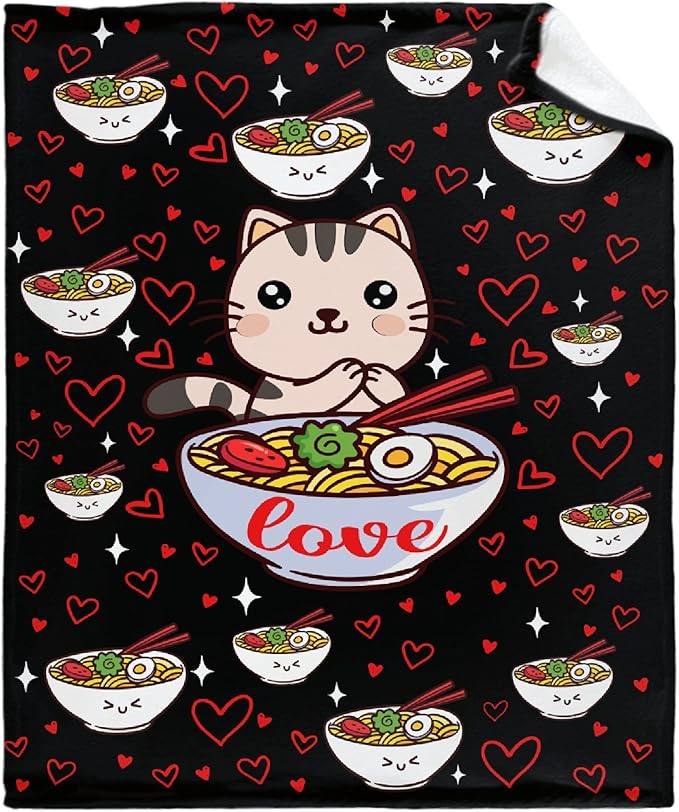 Thuswarm Kawaii Ramen Cat Red Heart Love Flannel Throw Blanket Warm Cozy Soft Funny Print Blankets for Bed Couch Sofa Room Decoration Gifts 80"×60" Large for Adult