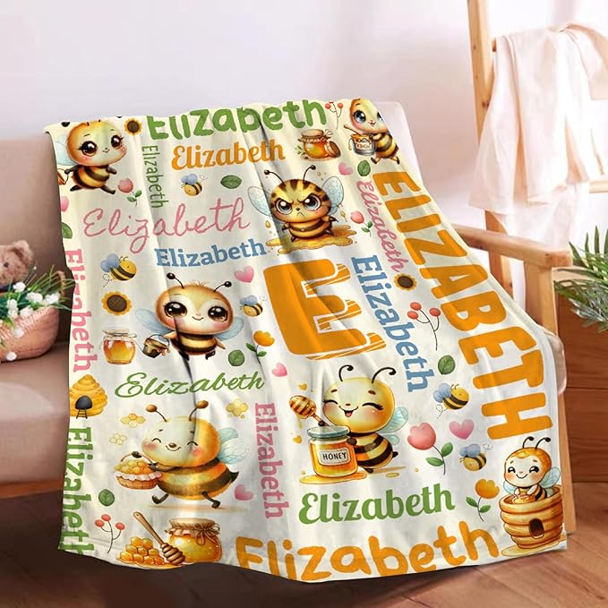 Personalized Custom Honey Bee Blanket Gifts for Kids Boys Girls with Name - Customized Honey Bee Super Soft Lightweight Flannel Sheets Decor for Crib Nap Couch - 50"x60" for Teens