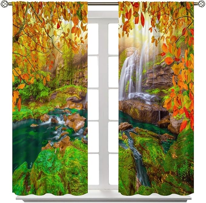 Waterfall Blackout Curtains, Waterfall Landscape Autumn Nature Leaves Forest Window Drapes, for Bedroom Living Room 63" W X 63" L