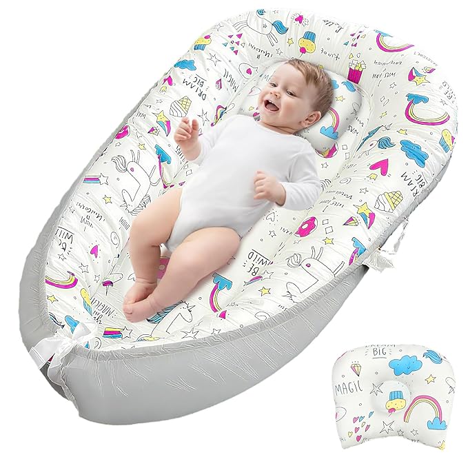 JIFTOK Baby Nests Lounger for Newborn, Snuggle Bassinet for 0-24M, Breathable Portable Co Bed, Baby Essentials Adjustable Infant Soft Cotton Loungers for Home & Travel -Ice Cream