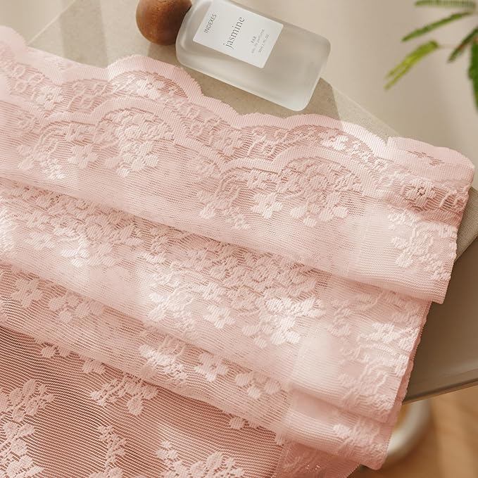 Anmao Vintage Lace Curtains 63 Inches Long 2 Panels Set, Romantic Elegant Light Filtering Semi Sheer Floral Thick Lacy Curtain Drapes for Living Room and Bedroom, Each Panel 55W x 63L, Blush Pink