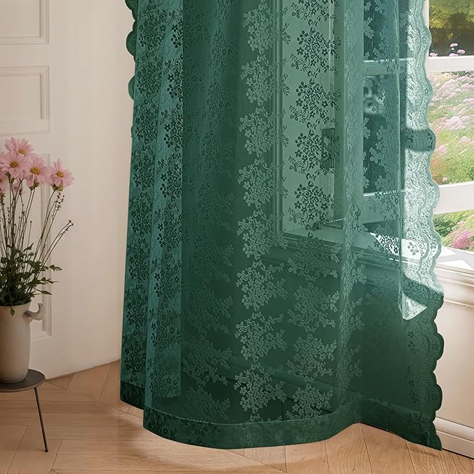 Anmao Vintage Lace Curtains 108 Inches Long 2 Panels, Romantic Semi Sheer Floral Lacy Curtain for Living Room, Elegant Window Drapes for Bedroom, Each Panel 55W x 108L, Turquoise