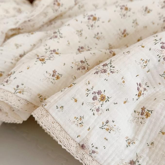 BuLuTu Muslin Baby Quilt for Girls Boys Quilted Blanket 2 Layers Gauze Cotton Baby Blanket Nursery Bed Blanket Shower Gift for Toddler Newborn, Crapemyrtle Pattern, 47"x59"
