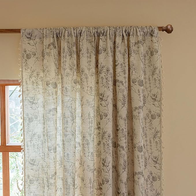 ENJOYBRIDAL Floral Curtains 63 Inch Length Vintage 2 Panels Drapes Short Rod Pocket Semi Sheer Rustic Window Curtain Panels Bedroom Boho Tassel Living Room Farmhouse Botanical Window Treatments