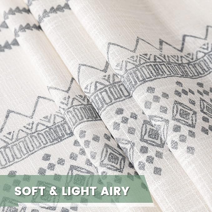 MEETSKY Light Filtering Curtains 95 Inches Long Boho Cotton Curtains for Dining Room Bohemian Geometric Printed Linen Style Burlap Effect Modern Back Tab Window Drapes for Home