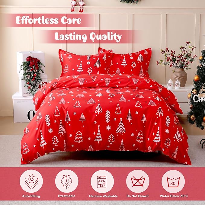 JSD Red Christmas Tree Kids Duvet Cover Set Queen Size, 3 Piece Xmas Comforter Cover with Pillow Sham Zipper Closure, Comforter Not Included