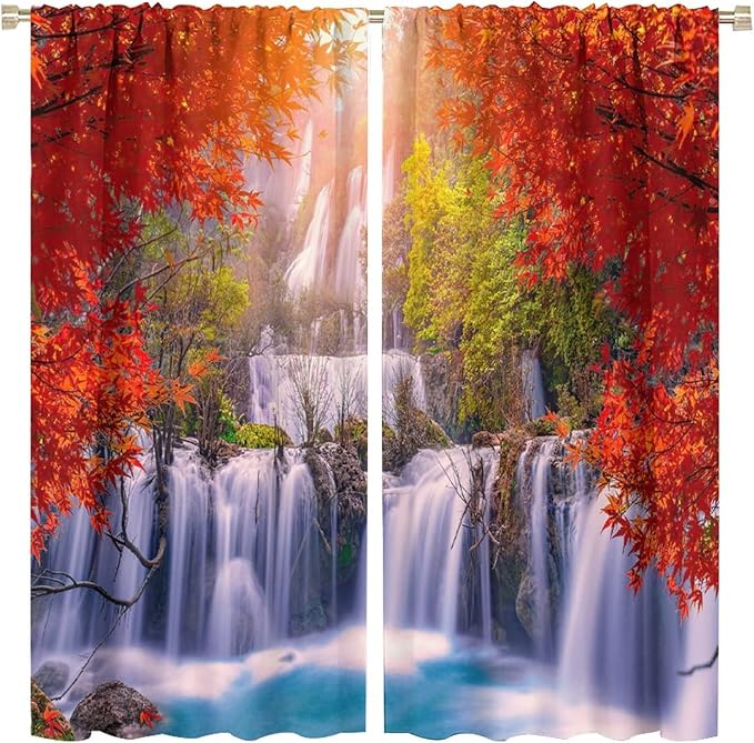 Forest Waterfall Blackout Windows Curtains, Autumn Red Green Maple Leaves Jungle Rainforest Natural Scenery Landscape Curtains, for Living Room Bedroom 84x84in 2 Panels