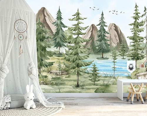 -Watercolor Green Pine Mural Cartoon Forest Fabric Wallpaper Children's Room 140" x 91"(Not Peel and Stick)