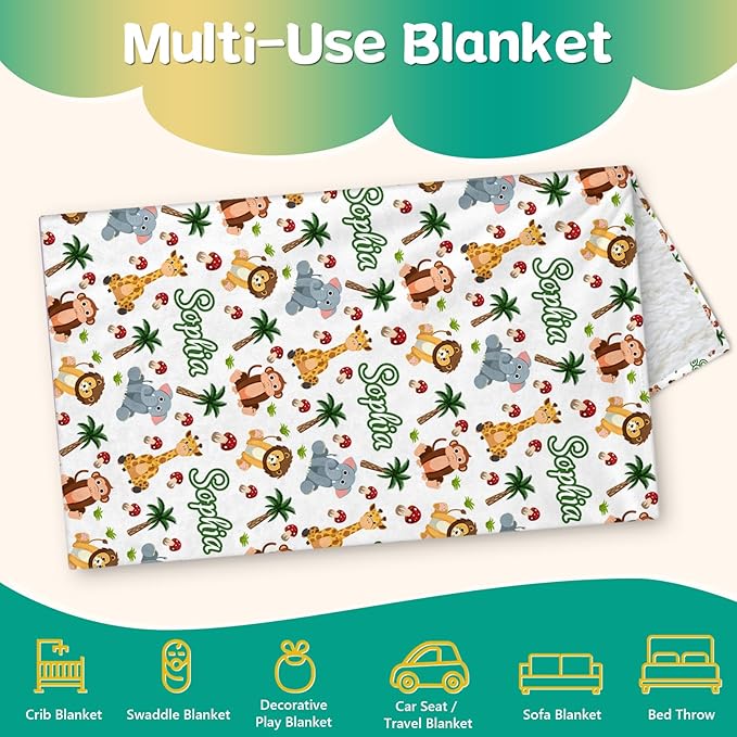Custom Safari Animals Blanket Gift, Personalized Baby Blanket with Name, Soft Plush Flannel/Sherpa Fleece Throw Blankets for Toddler Kid Teen Boys Girls Color06