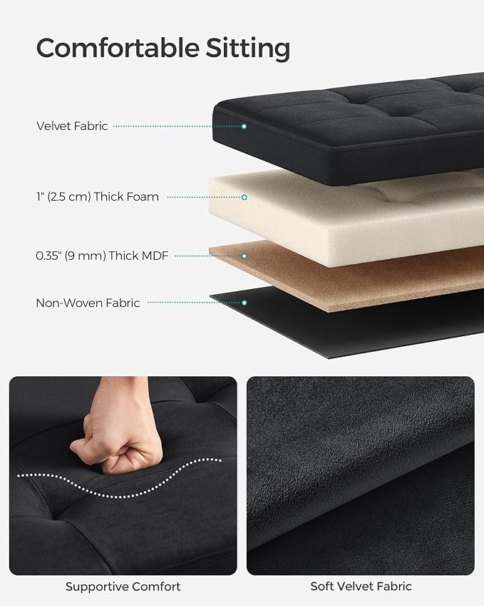 SONGMICS Mazie Collection - Storage Ottoman Bench, Foldable Foot Rest, 15 x 30 x 15 Inches, End of Bed Bench, Storage Chest, Load 660 lb, Living Room, Bedroom, Entryway, Ink Black ULSF247B01