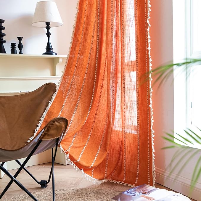 Deeprove Orange Curtains 90 inches Long, Cotton Linen Stripe Textured Light Filter Privacy Burnt Bohemian Window Treatment for Dining Bedroom Living Room Fall Halloween Decor, Rod Pocket 1 Panel