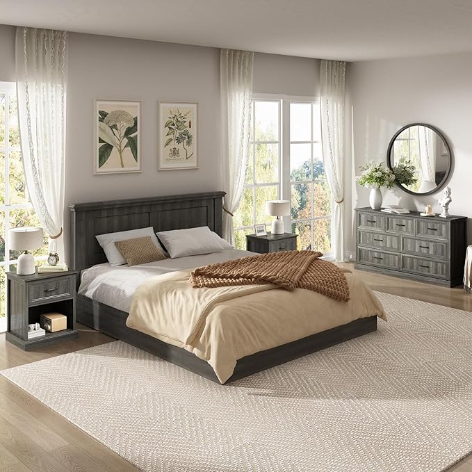 CARPETNAL Farmhouse Dresser and Nightstand Sets for Bedroom, 3 Pcs Bedroom Set, 7 Drawer Dresser & Nightstand Set of 2, Modern Wood Chest of Drawers for Bedroom, Living Room, Entryway, Grey