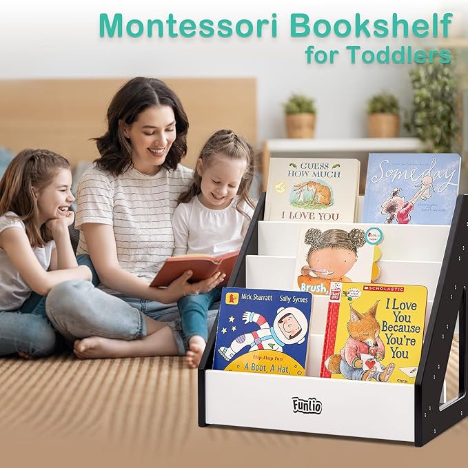 FUNLIO Montessori Bookshelf for Toddlers 1-5 Years, Front-Facing Kids Bookcase with Handle & Anti-Tilting Device, Premium Pine Baby Bookshelf, Children's Bookcase for Nursery/Classroom - Black &White