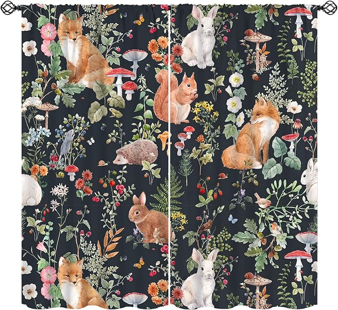 Animal Curtains, Watercolor Forest Animals Plants Pattern Blackout Window Treatments, Rod Pocket Thermal Insulated Drapes 2 Panel Sets for Bedroom Living Room, 42" W X 63" L