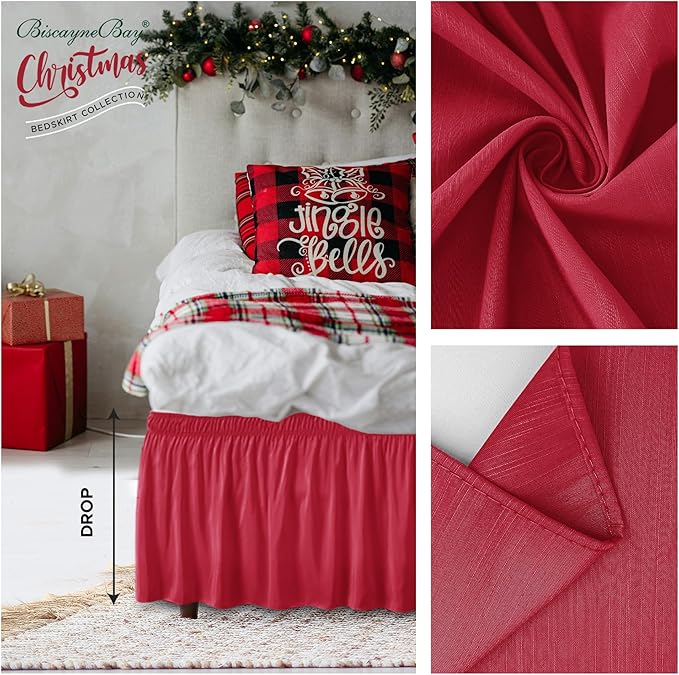 Biscaynebay Wrap Around Bed Skirts for Full & Full XL Beds 15" Drop, Red Adjustable Elastic Dust Ruffles Easy Fit Wrinkle & Fade Resistant Silky Luxurious Fabric Machine Washable