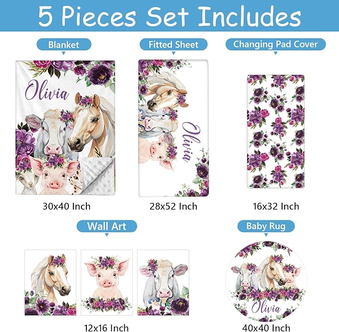 Personalized Baby Crib Bedding Set, 5 Pcs Custom Name Baby Crib Set with Floral Animals, Baby Girls Nursery Bedding Sets, Double Layer Blanket, Newborns Infants Toddlers Customized Gifts