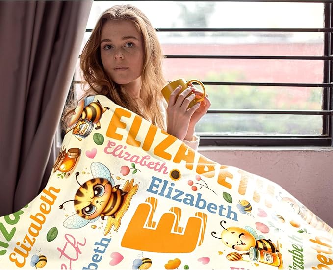 Personalized Custom Honey Bee Blanket Gifts for Kids Boys Girls with Name - Customized Honey Bee Super Soft Lightweight Flannel Sheets Decor for Crib Nap Couch - 60"x80" for Adult