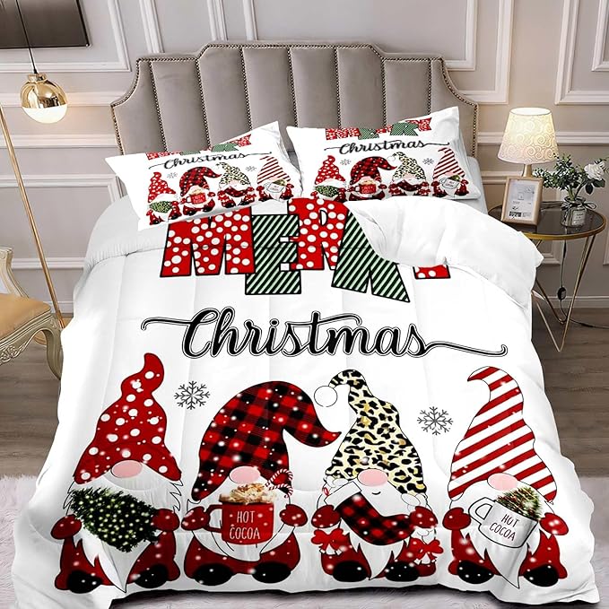 LUVIVIHOME 3PCS Merry Christmas Comforter Set Full Size, Cute Gnome Bedding, Red Buffalo Plaid Striped Holiday New Year Xmas Bedding, Boys Girls Teens Kids Bedroom Decor, White Quilt, 2 Pillow Cases