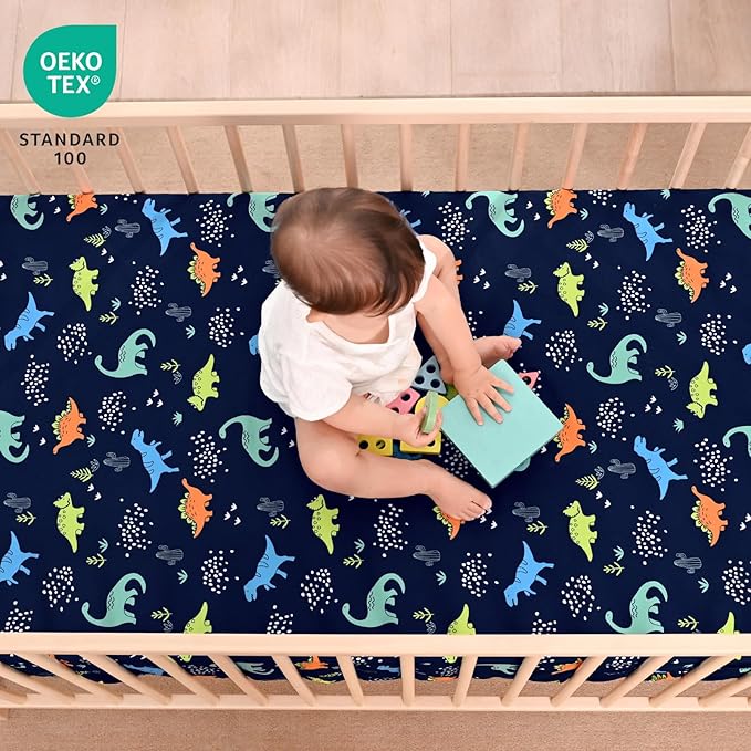 PHF 3 Pack Soft Dinosaur Crib Sheets Fitted, Comfy Breathable Baby Sheets for Boys Girls, 28x52 Inches Fits Standard Crib and Toddler Mattresses, Navy Dinosaur