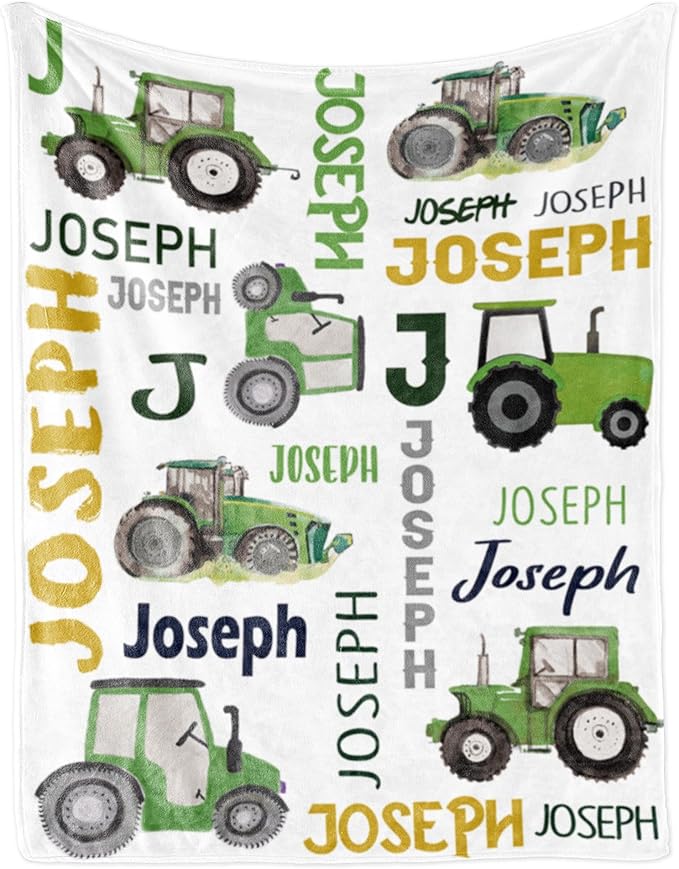 Personalized Tractor Blanket with Name for Baby Boys, Custom Name Blanket Trucks for Kid, Soft Flannel Toddler Blankets Customized Gift for Newborn Baby Shower Birthday-30 x40