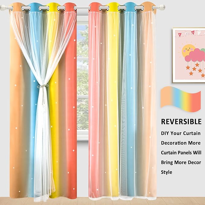 Kinryb Nursery/Kids/Girls Room Star Cut Out Blackout Rainbow Curtain with Sheer Overlay 2 Panels, Each 52 inch Wide,72 inch Length with White Gauze,Ombre Stripe Rainbow Curtains (2 Panels,52x72 Inch)