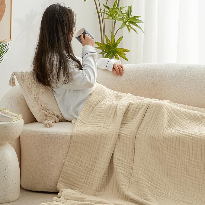Love's cabin 6 Layer 100% Cotton Muslin Blanket, 50"x60" Throw Muslin Blanket for Couch Bed, Lightweight and Breathable Cotton Gauze for Adult, Khaki