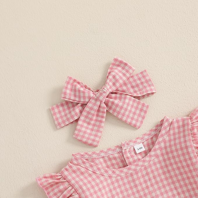 Karuedoo Newborn Baby Girl Clothes Gingham Plaid Bubble Romper Long Sleeve Ruffle Bodysuit with Headband Spring Fall Outfit