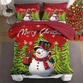 7 Pcs King Size Christmas Comforter Set with 2 Pillowcases & 2 Shams, Red Cartoon Snowman Bedding for Kids and Adults, Funny Xmas Pine Forest Bed in a Bag with Flat Fitted Sheet