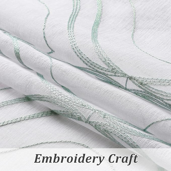 VISIONTEX White Sheer Curtains 63 Inch Length 2 Panels Set Green Moroccan Embroidered Curtains Trellis French Textured Rod Pocket Voile Tulle Semi Window Drapes for Bedroom Living Room 54 x 63 Inches