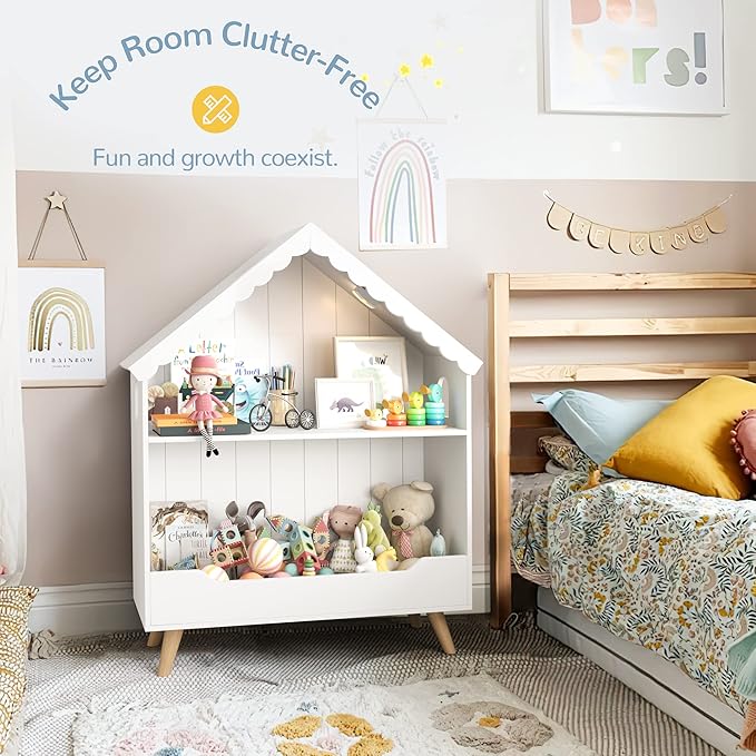 Curipeer Kids Dollhouse Bookshelf, Wooden Bookcase Storage with Motion-Activated Light, 2-Tier Open Display Organizer for Toys, Books, Baby Bookshelf for Birthday, Christmas, Classroom Storage, White