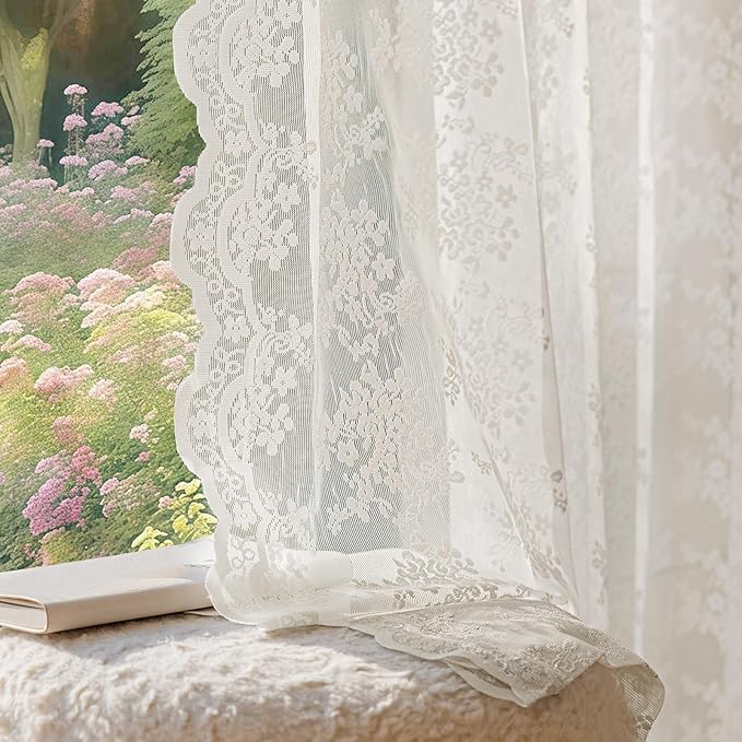 Anmao Vintage Lace Curtains 84 Inches Long 2 Panels Set, Romantic Elegant Light Filtering Semi Sheer Floral Thick Lacy Curtain Drapes for Living Room and Bedroom, Each Panel 55W x 84L, Beige Plum