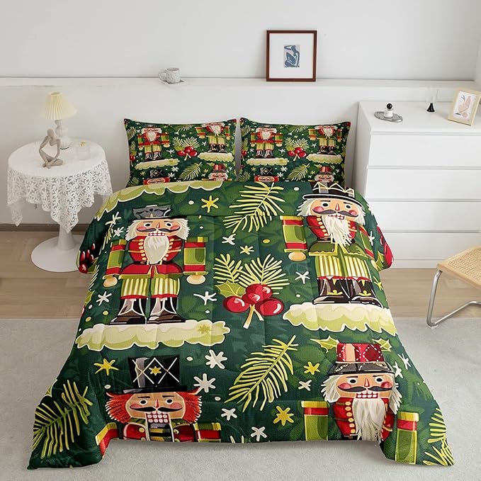 Christmas Cartoon Soldier Bedding Set Full Size,Christmas Leaves Snowflake Comforter Set for Kids Boys Girls Room Decor,Xmas Abstract Art Duvet Insert 3Pcs,Polka Dot Green Quilt Set,2 Pillowcases