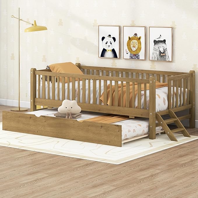 Twin Size Platform Bed with Guardrail and Trundle, Wood Kids Platform Bed Frame with Two-Step Ladder for Boys Girls, Sturdy Slats Support (Walnut-1.26T)