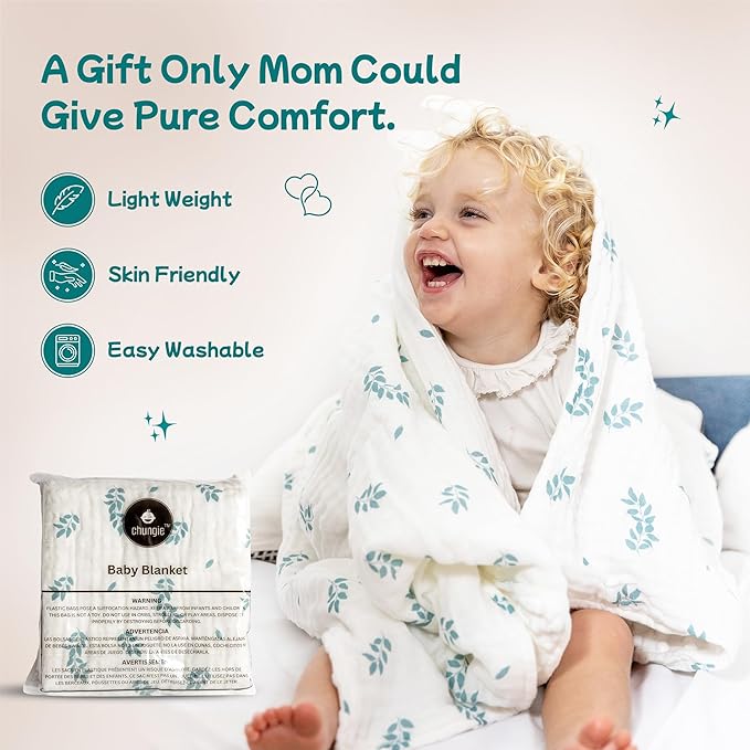 Chungie Soft Baby Blanket 40x30 inches – 100% Cotton Muslin Front & Plush Minky Fleece Back, Multi-Layer Blanket for Baby Boys & Girls, Nursery Bed Blanket, Newborn & Toddler Use